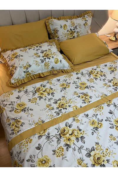 Zeren Home Floral Double Sided 100% Cotton Double Duvet Cover Set 4 Piece Set - Mustard