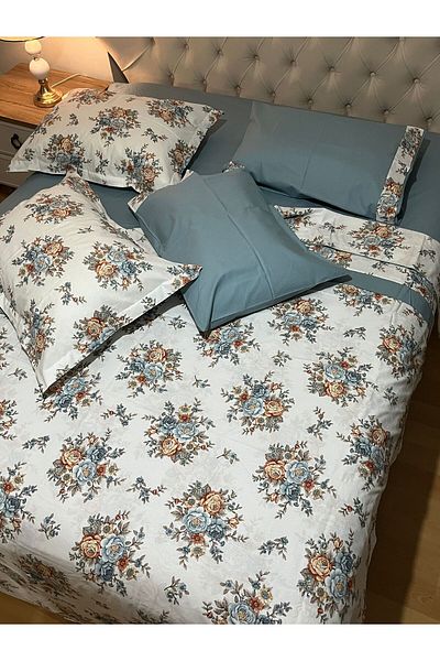 Zeren Home Floral Patterned 100% Cotton Double Duvet Cover Set 6 Piece Set - Indigo