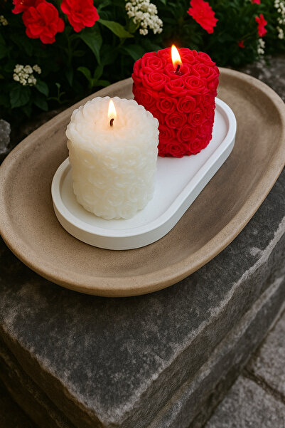 aymumi home Kırmızı ve Beyaz Gül Desenli Silindir Mum Seti – Romantik Dekoratif