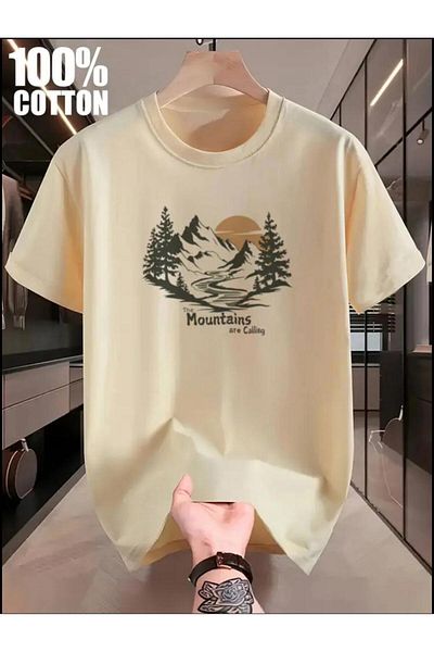 SELENA BUTİK Unisex Μπλουζάκι με στρογγυλή λαιμόκοψη Mountains Beige βαμβακερό