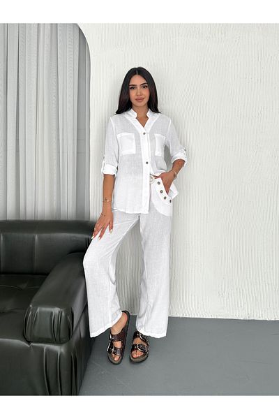 Kashaya Women's Button-Down Shirt and Linen Pantsuit with Loose Legs; a Refreshing and Stylish Choice for Summer