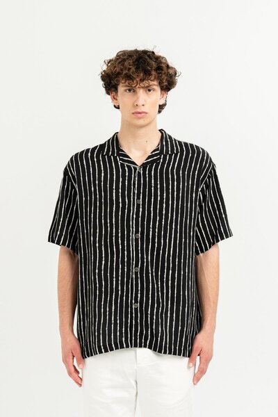 GMG FIRENZE Ανδρικό πουκάμισο με ριγέ γιακά απάζι - 100% βισκόζη, κοντό μανίκι