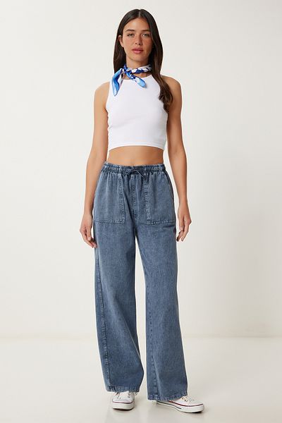 Lovelyİstanbul Faded Effect Wide Leg Denim Palazzo Pants Dark Grey Lmx0071