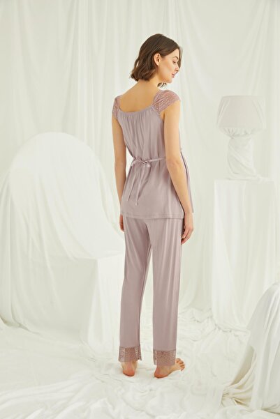 MONAMİSE Monamise, Kadın, Vizon, %94 Viskon %6 Elastan, Dantelli Önü Düğmeli Hamile Lohusa Pijama Takımı