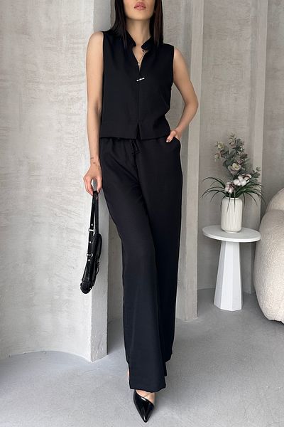 Fav Style Women's Judge Collar Tank Top and Loose Wide Leg Pocket Pants Bottom-Top Suit Black