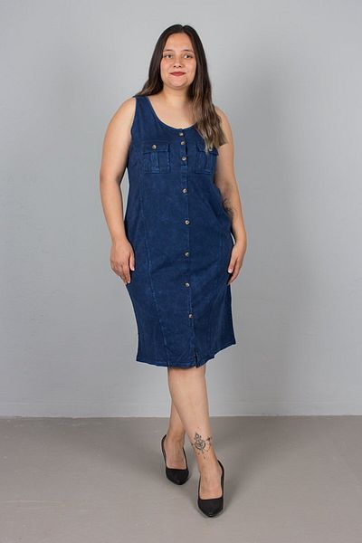 Truva XXL Plus Size Sleeveless Button Cotton Navy Dress