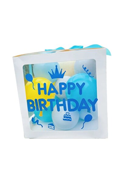 Flippy Balloon Box - Birthday Theme 'Happy Birthday' - Blue, White, Yellow - Ribbon Included - 30x30