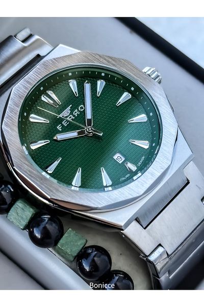 FERRO Erkek Kol Saat, Silver Green Color Steel Cord with Calendar, in Stylish Box, Bracelet Gift