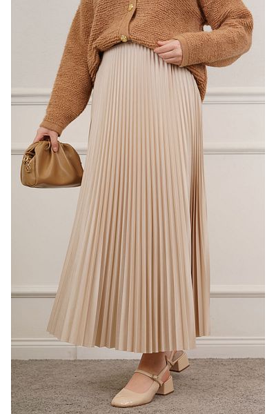 MODA Beige Leather Look Pleated Skirt
