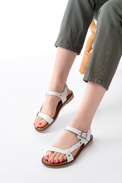 infon shoes creation 205-090 White Genuine Leather Buckle Women's Sandals