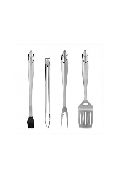 Flippy Set of 4 stainless steel barbecue utensils with hanger, high temperature resistant, silver