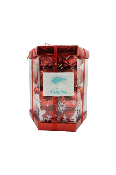 Bibilel Set of 28 Red Bauble Christmas Ornaments, Polystyrene, Glitter Finish (Box 18x22x18 cm)
