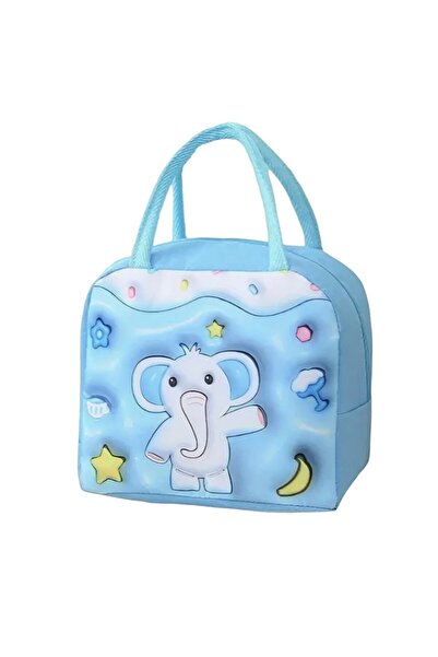 Flippy Geantă termoizolantă portabilă 3D Cartoon pentru prânzul copiilor, din țesătură Oxford, 23 x 13 x 19 cm, model cu elefanți, albastră