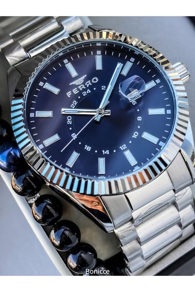 FERRO Men's Wrist Watch, Silver Navy Blue Color Steel Band, with Calendar, Bracelet Gift