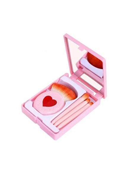 Flippy Set of 4 Mini Portable Makeup Brushes with Mirror Case, Soft Synthetic Hair, Pink, Heart Design, 12x