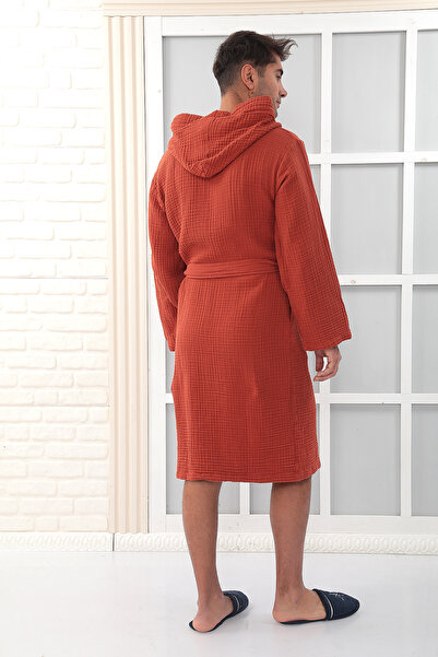 Almir Home Hooded 4 Layer Muslin Bathrobe Unisex Tile Color