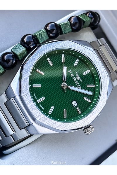 FERRO Erkek Kol Saat, Silver Green Color Steel Cord with Calendar, in Stylish Box, Bracelet Gift