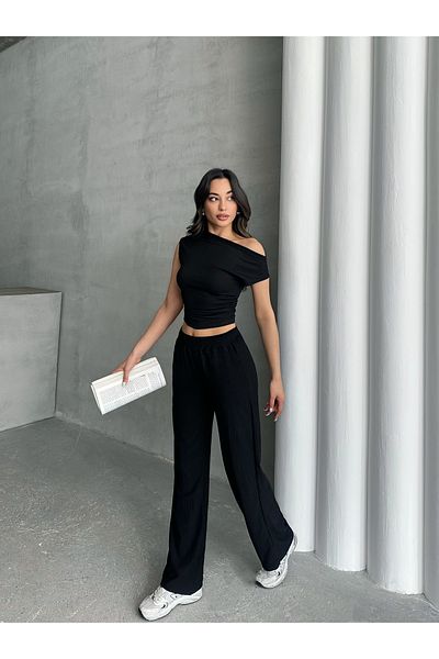 only moon Women's Clothing Wrinkle Fabric One Shoulder Top Loose Wide Leg Pants Suit, Bottom Top Suit,