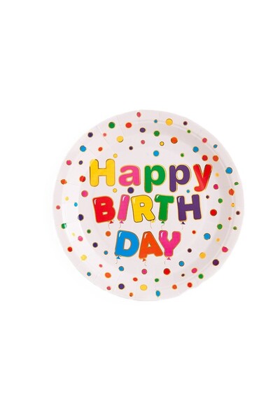 OEM Set 10 Farfurii Unica Folosinta Imprimeu Happy Birthday, din Carton, Diametru 23 cm, Multicolor