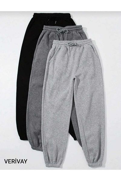 Verivay ( 3 ΤΕΜ ) Σετ Jogger Sweatpants μαύρο-Γκρι-ανθρακί Λαστιχένιο πόδι ψηλόμεσο