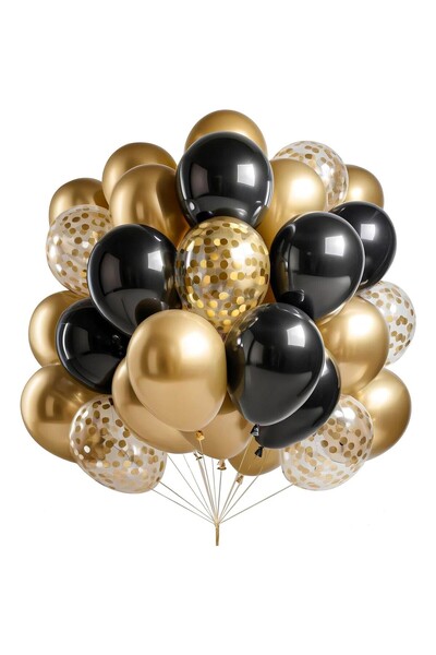 Teo Set of 16 Latex Balloons, , Party Model, 30 cm, Gold, Black, Confetti, 2.8 g