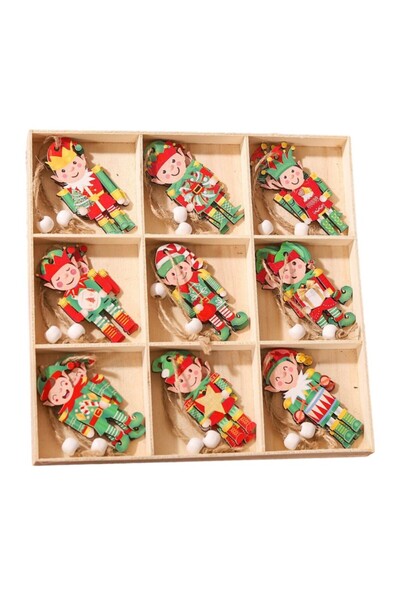 Flippy Set of 18 Wooden Christmas Ornaments with Hanging String, Elf Designs, Multicolor