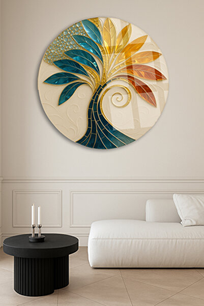 TAULART RENGARENK AĞAÇ ELMAS YAPRAKLI MODERN YUVARLAK CAM TABLO EV HEDİYESİ ULTRA CANLI RENKLER