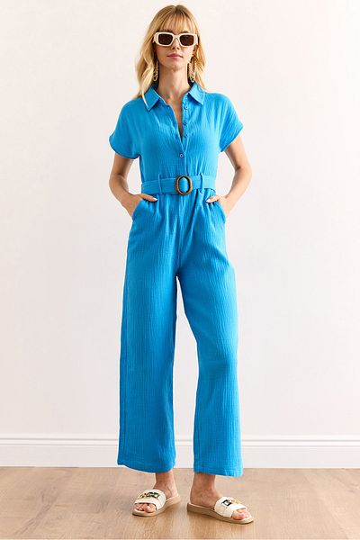 Olalook Women's Blue Belted Pocket Muslin Jumpsuit Tlm-19000160