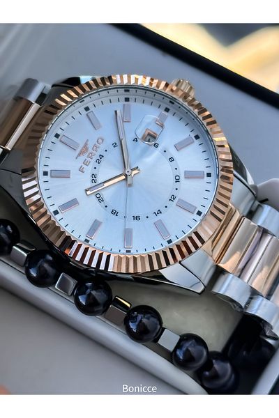 FERRO Men's Wrist Watch, Silver Rose Color Steel Band, with Calendar, Bracelet Gift