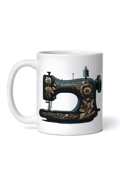 OEM Cană albă personalizată, mașină de cusut retro cu flori, Inovatix®. 330 ml