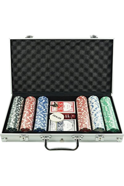 Flippy Flippy Complex Poker Set, 300 Chips, 2 Card Sets, 5 Dice, Aluminum Case 39x7x27 Cm,+18 years
