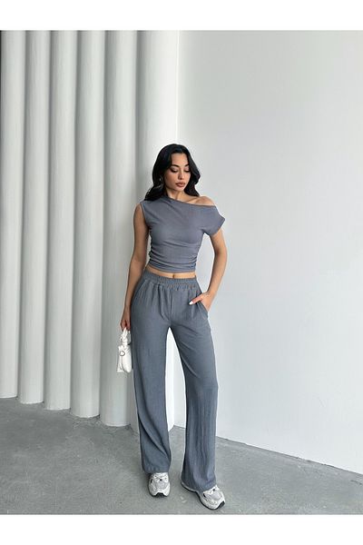 only moon Women's Clothing Wrinkle Fabric One Shoulder Top Loose Wide Leg Pants Suit, Bottom Top Suit,