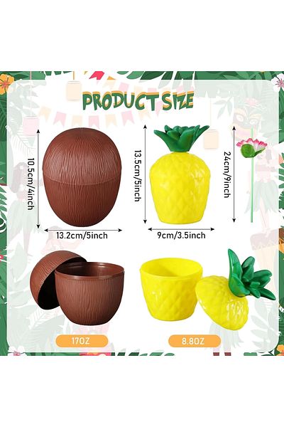 PRATİKOBA Pineapple Coconut Design Glass Set with Straw (6 Pieces)