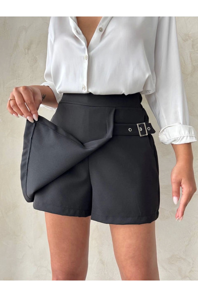 İntive Lingerie Women's Black Shorts Skirt with Side Buckle Detail