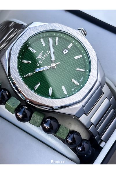 FERRO Erkek Kol Saat, Silver Green Color Steel Cord with Calendar, in Stylish Box, Bracelet Gift