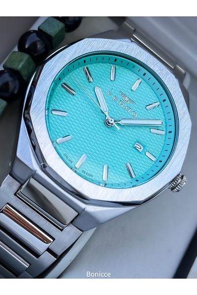 FERRO Men's Wristwatch, Silverturquoise Color Steel Band, with Calendar, in Stylish Box, Bracelet Gift