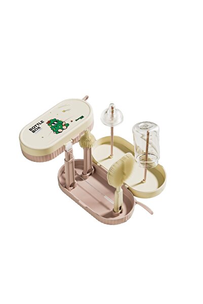 Flippy Portable 7-Piece Baby Bottle Cleaning & Drying Set, Silicone Brushes, Case, 20 x 9.5 cm, Pink