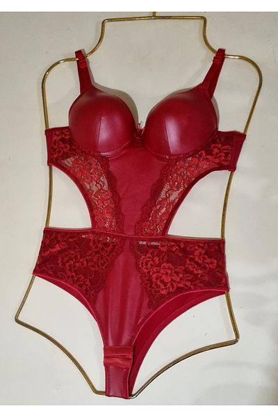 MAVEA Leather Bodysuit Transparent Lace Padded