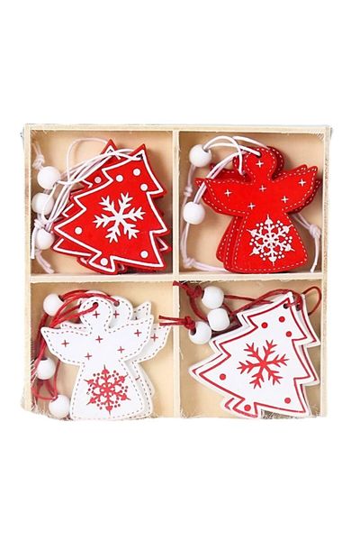 OEM Set of 12 Wooden Christmas Decorations, with String for Hanging on the Tree, Fir Tree Pattern