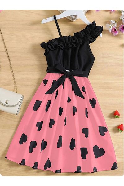 güneştepe Girl Child Heart Summer Dress Strap Girl Dress Evening Dress Ruffle Collar Dress