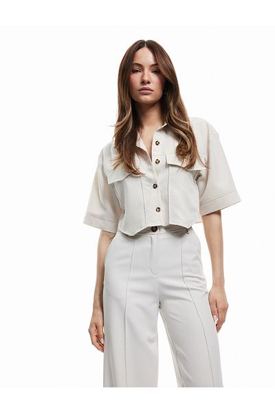 Koton Modal Fabric Pocket Short Sleeve Asymmetrical Cut Crop Shirt