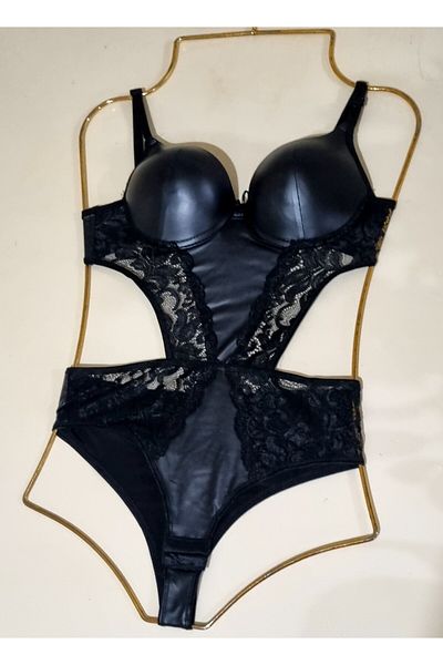 MAVEA Leather Bodysuit Transparent Lace Padded