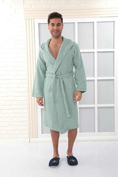 Almir Home رداء حمام موسلين بغطاء للرأس مكون من 4 طبقات للجنسين لون أخضر نيل