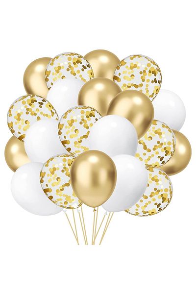 OEM Set of 16 Latex Balloons, Party Model, 30 cm, White, Gold, Transparent Confetti, 2.8