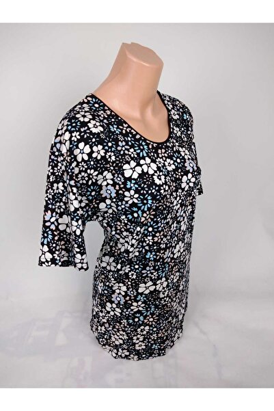 YAŞAR TRİKO Γυναικείο μπλουζάκι μαύρο μπλε με κοντό μανίκι με σχέδιο με σχισμή υφαντό βισκόζη Mother χτενισμένο μπλουζάκι