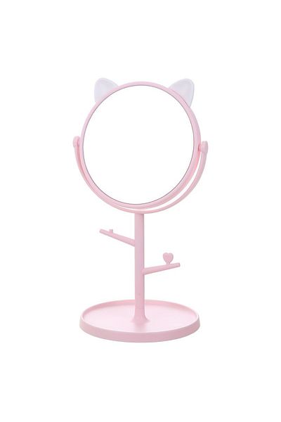 OEMN Cosmetic mirror with stand, 360° rotation, jewelry holder, ear model, pink/white, 15 cm