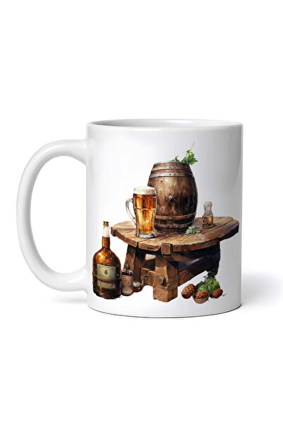 OEM Personalized White Mug, Wooden Table With Beer Barrel, Bottles And Mugs, Inovatix®. 330ml