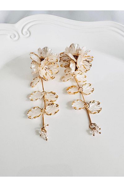 DEVİ fashion Long Beige Flower Dangle Earrings 12 cm