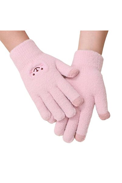 Flippy Women's Gloves - Smiling Face, Touchscreen, Embroidered Wool, Pink