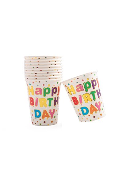 OEM Set 10 Pahare Imprimeu Happy Birthday, din Carton, 250 ml, 7.5 x 8.5 cm, ...